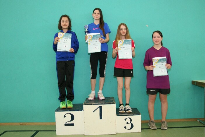 Mädchen AK 1 (v.l.): 2. Maren Melchior (TSV Grünberg), 1. Sarah Winterstein (MK), 3. Anna-Sophie Nicolaus (MK), 4. Sarah Schuchardt (VB).