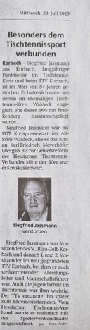 Nachruf in der regionalen Presse, WLZ, vom Mittwoch den 23. Juli 2025