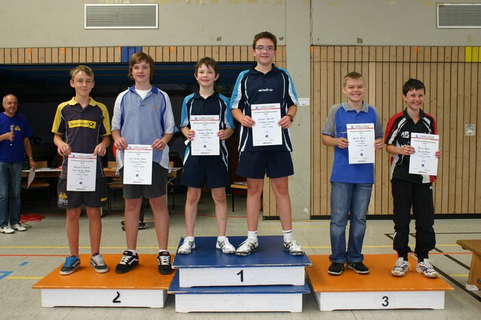 Siegerehrung Schüler A-Doppel (v.l.) Lennart Andrä, Nils Oliver Raab (beide TV Braunfels), Michael Merkel, Niklas Schulte (beide TTC Ehringshausen), Jannik Dross, Josia Hain (beide TTF Frohnhausen).