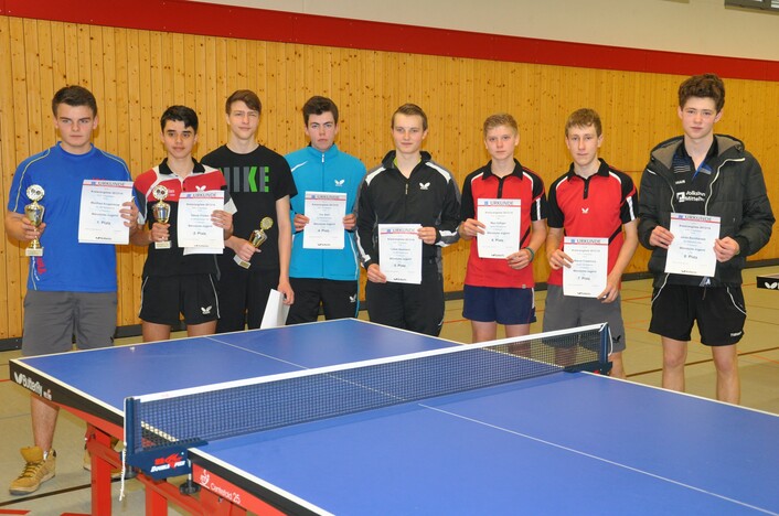 Männliche Jugend (v.l.): 1. Manfred Krupenkow (TSV Allendorf/Lda.), 2. Daniel Frickel (RW Odenhausen/Lda.), 3. Tim Arnold (TTC Wißmar), 4. Tim Stoll (NSC W.-Steinberg), 5. Lukas Neumann (TSV Allendorf/Lda.), 6. Max Höfliger (Spfr. Oppenrod), 7. Marvin