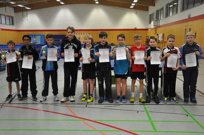 Kreisendrangliste der B-Schüler (v.l.): 1. Ben Scholz (NSC W.-Steinberg), 2. Kevin Rohde (TSV Beuern), 3. Maximilian Heil (Gießener SV), 4. Maximilian Dywan (TSV Lützellinden), 5. Chris Lotz (NSC W.-Steinberg), 6. Lennart Schwarz (TSV Allendorf/Lda.),