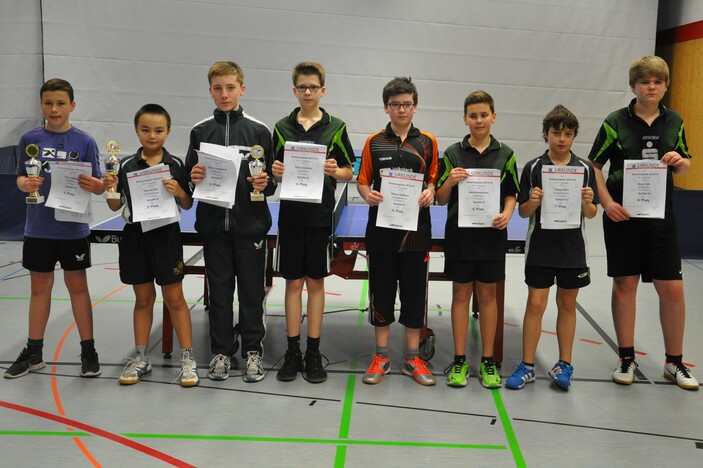 Schüler A (v.l.): 1. Timo Geier (SV Annerod), 2. Tim Neuhof (NSC W.-Steinberg), 3. Julian Langsdorf (TSV Klein-Linden), 4. Sven Schmidt (SV Annerod), 5. Simon Gebauer (VfB Ruppertsburg), 6. Nick Kretschmer (SV Annerod), 7. Fabian Hanl (NSC W.-Steinberg),